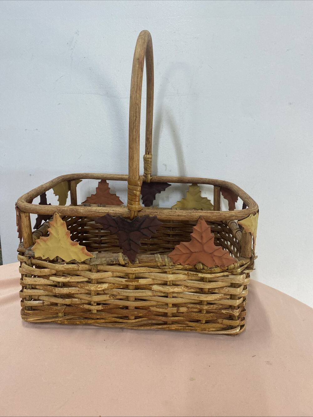 Vintage Woven Wicker Basket With Fall Leaf Accents & Handle 13X10x15.5” W/Handle
